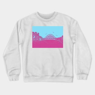 Bridges of NewcastleGateshead Quayside Linocut in Turquoise and Raspberry Crewneck Sweatshirt